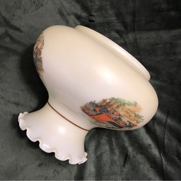 Vintage Lamp Shade Ruffled Milk Glass Train History Scenes 6.75” GWTW - Picture 6 of 16